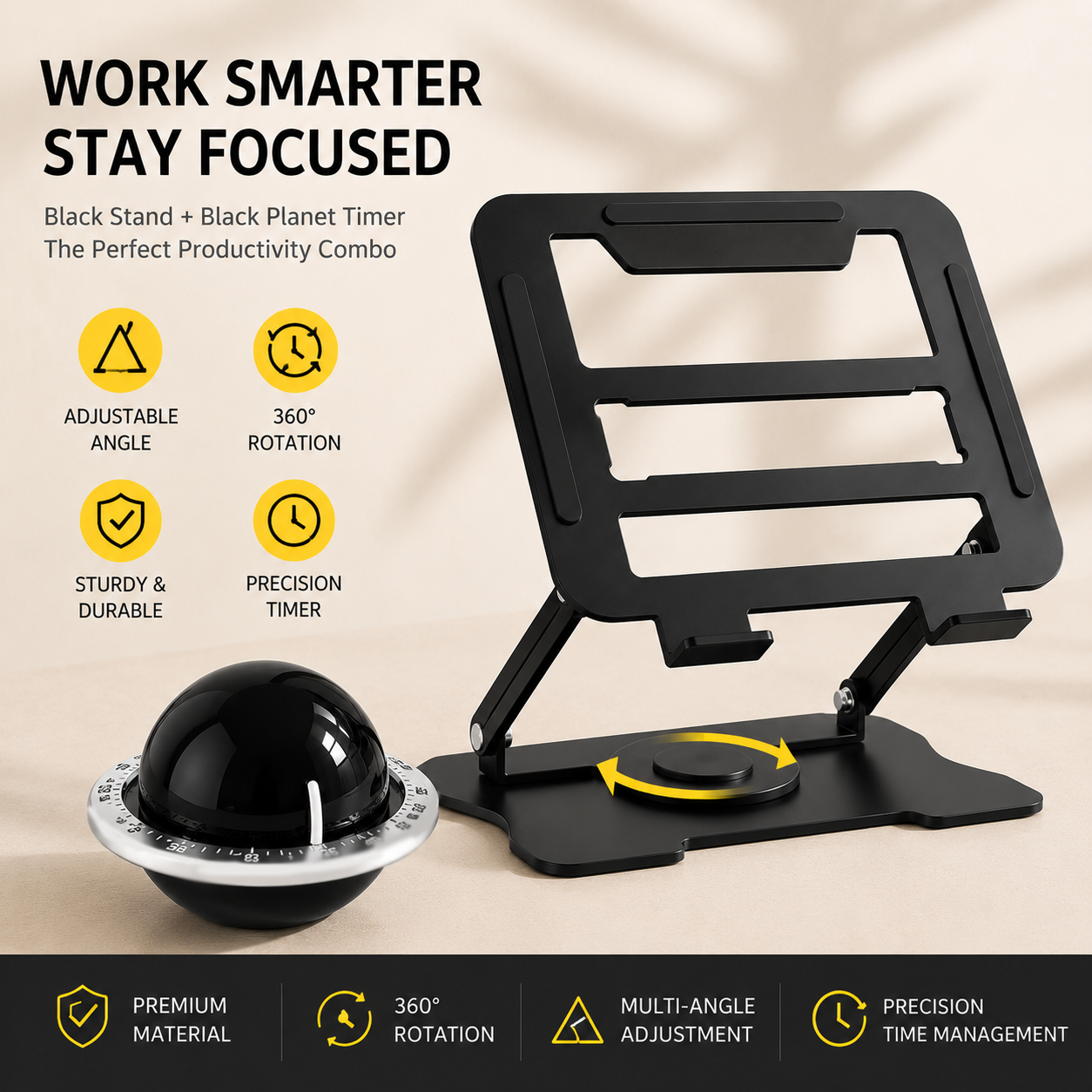 360° Rotating Laptop Stand(Black) & Magnetic Mechanical Timer(Black) Set - Ergonomic Cooling Desk Organizer for Study, Cooking & Productivity