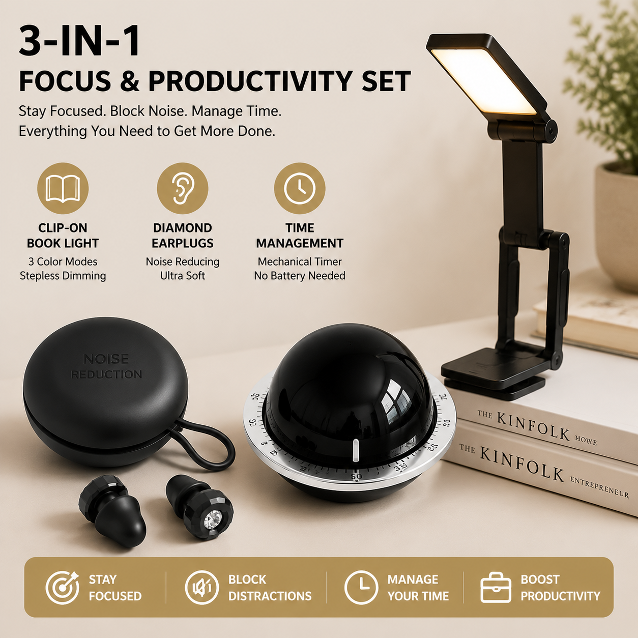 Black 3-in-1 Focus & Productivity Set: Magnetic Mechanical Timer, Noise-Reducing Earplugs & Rechargeable Clip-On LED Reading Light