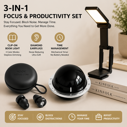 Black 3-in-1 Focus & Productivity Set: Magnetic Mechanical Timer, Noise-Reducing Earplugs & Rechargeable Clip-On LED Reading Light