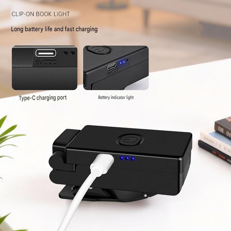 Black Rechargeable LED Clip-On Reading Light - Foldable Portable Mini Book Light with Eye-Caring Lamp for Study & Bedside