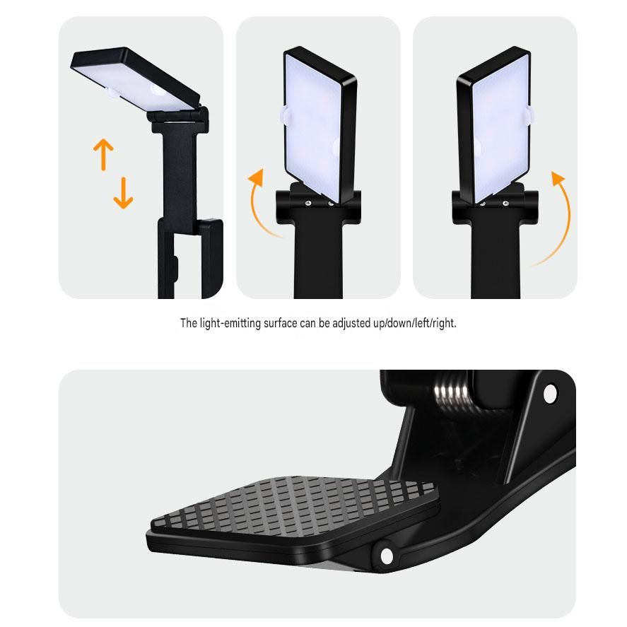 Black Rechargeable LED Clip-On Reading Light - Foldable Portable Mini Book Light with Eye-Caring Lamp for Study & Bedside
