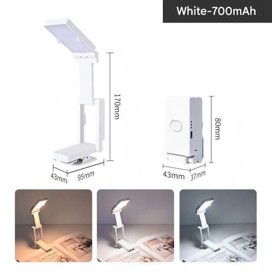 White Rechargeable LED Clip-On Reading Light - Foldable Portable Mini Book Light with Eye-Caring Lamp for Study & Bedside