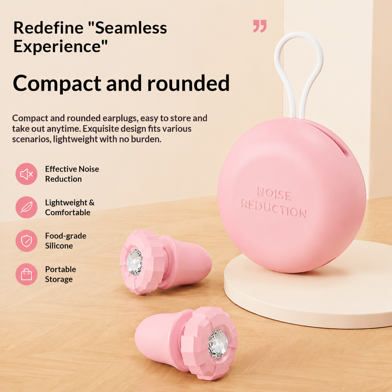 Pink Luxury Diamond-Encrusted Noise Reduction Earplugs with Anti-Lost Lanyard - Soft Silicone Sleep & Study Ear Plugs for Comfortable Silence