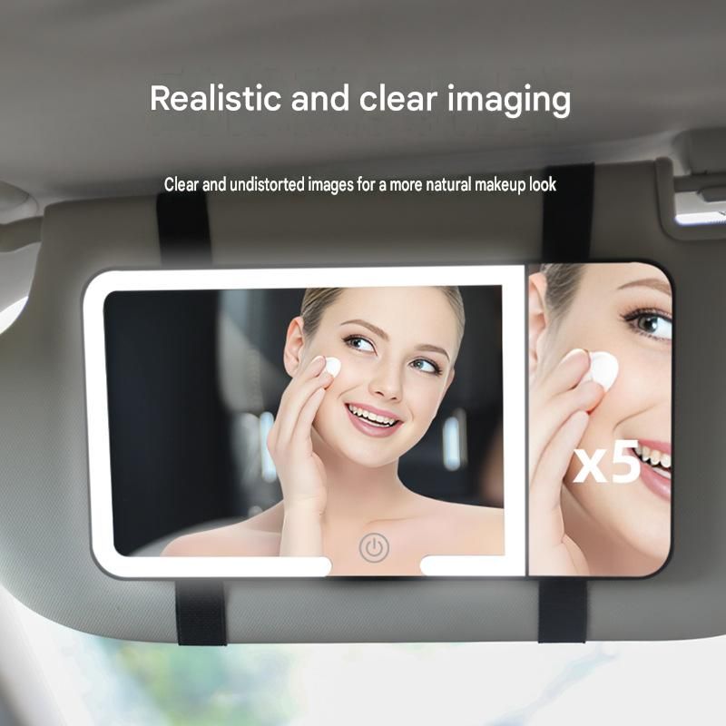 White LED Car Sun Visor Makeup Mirror with 5x Magnification & Touch Lighting - Rechargeable Vanity Mirror for Travel & Daily Use