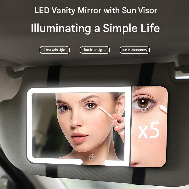 White LED Car Sun Visor Makeup Mirror with 5x Magnification & Touch Lighting - Rechargeable Vanity Mirror for Travel & Daily Use