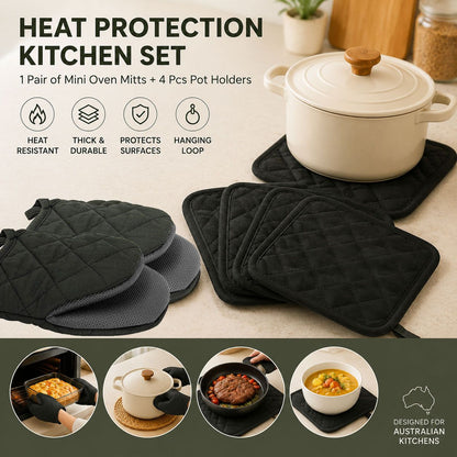 Black Heat Resistant Oven Mitts Set 1 Pair and 4 Pot Holders Quilted Cotton Kitchen Heat Protection Gloves and Pads Silver Coated Non Slip Baking Cooking Kitchen Accessories