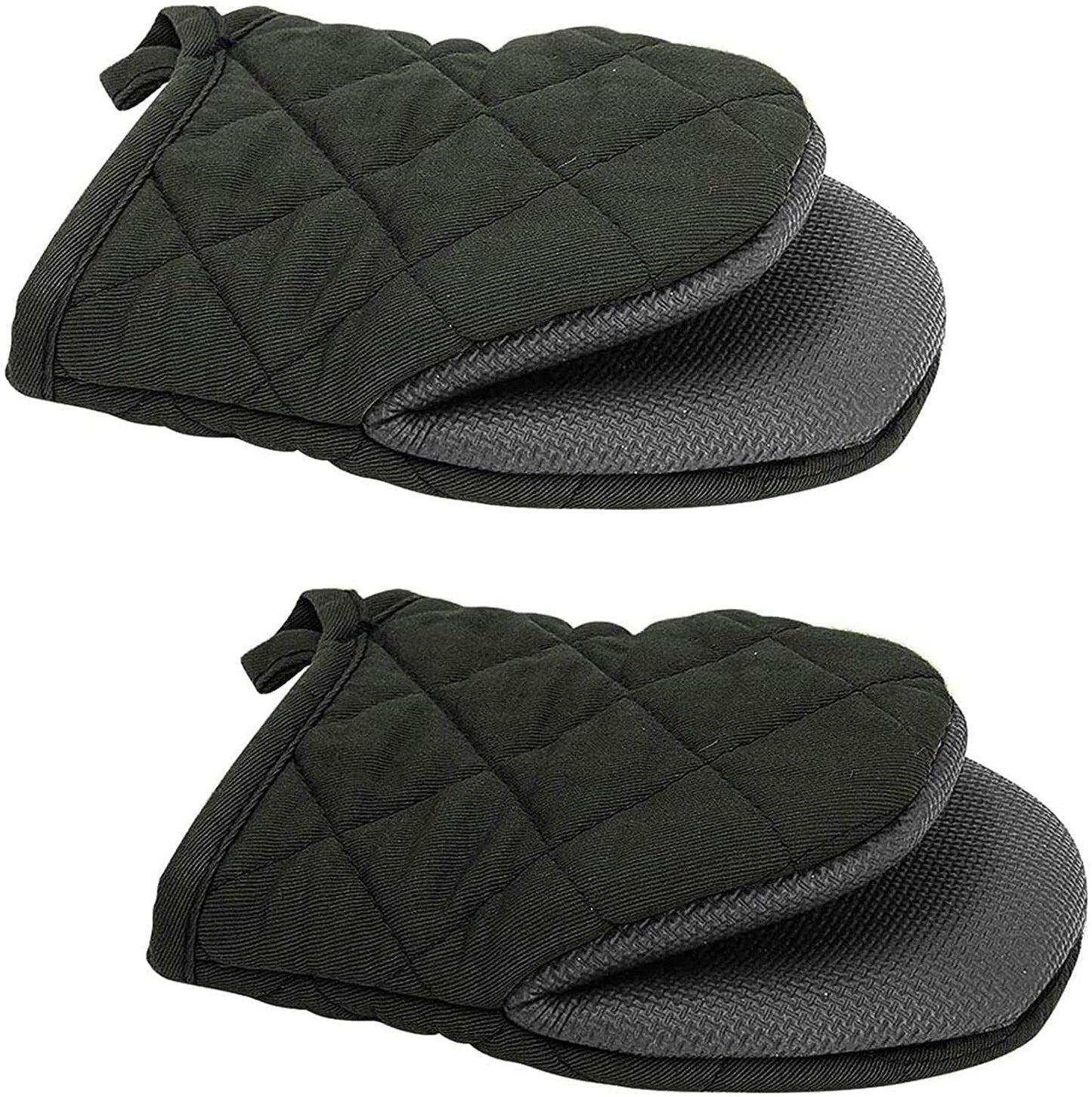 Black Heat Resistant Oven Mitts Set 1 Pair and 4 Pot Holders Quilted Cotton Kitchen Heat Protection Gloves and Pads Silver Coated Non Slip Baking Cooking Kitchen Accessories