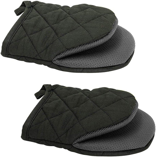 Black Heat Resistant Oven Mitts Set 1 Pair and 4 Pot Holders Quilted Cotton Kitchen Heat Protection Gloves and Pads Silver Coated Non Slip Baking Cooking Kitchen Accessories