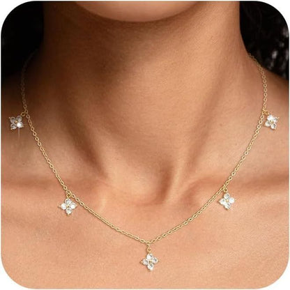 Gold Four Leaf Clover Pendant Necklace with Gift Box Gold Tone Cubic Zirconia Charm Necklace Adjustable Chain Dainty Everyday Jewellery Gift for Women