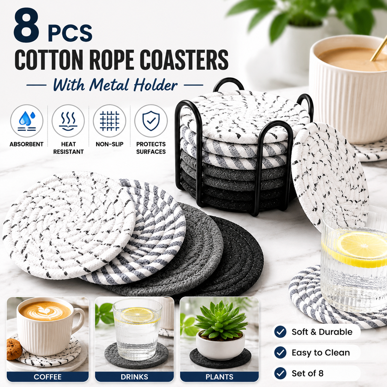 Black 8 Piece Handmade Braided Cotton Coasters Set with Holder 4.3 Inch Round Absorbent Drink Coasters Heat Resistant Table Protection Cup Mats for Home Kitchen