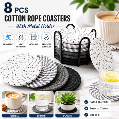 Black 8 Piece Handmade Braided Cotton Coasters Set with Holder 4.3 Inch Round Absorbent Drink Coasters Heat Resistant Table Protection Cup Mats for Home Kitchen