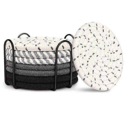 Black 8 Piece Handmade Braided Cotton Coasters Set with Holder 4.3 Inch Round Absorbent Drink Coasters Heat Resistant Table Protection Cup Mats for Home Kitchen