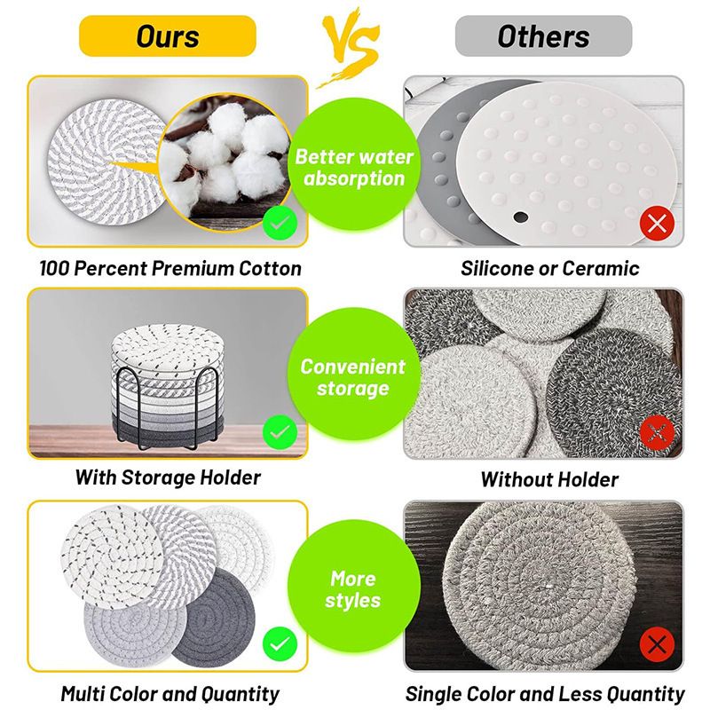 Black 8 Piece Handmade Braided Cotton Coasters Set with Holder 4.3 Inch Round Absorbent Drink Coasters Heat Resistant Table Protection Cup Mats for Home Kitchen
