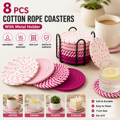Pink series 8 Piece Handmade Braided Cotton Coasters Set with Holder 4.3 Inch Round Absorbent Drink Coasters Heat Resistant Table Protection Cup Mats for Home Kitchen