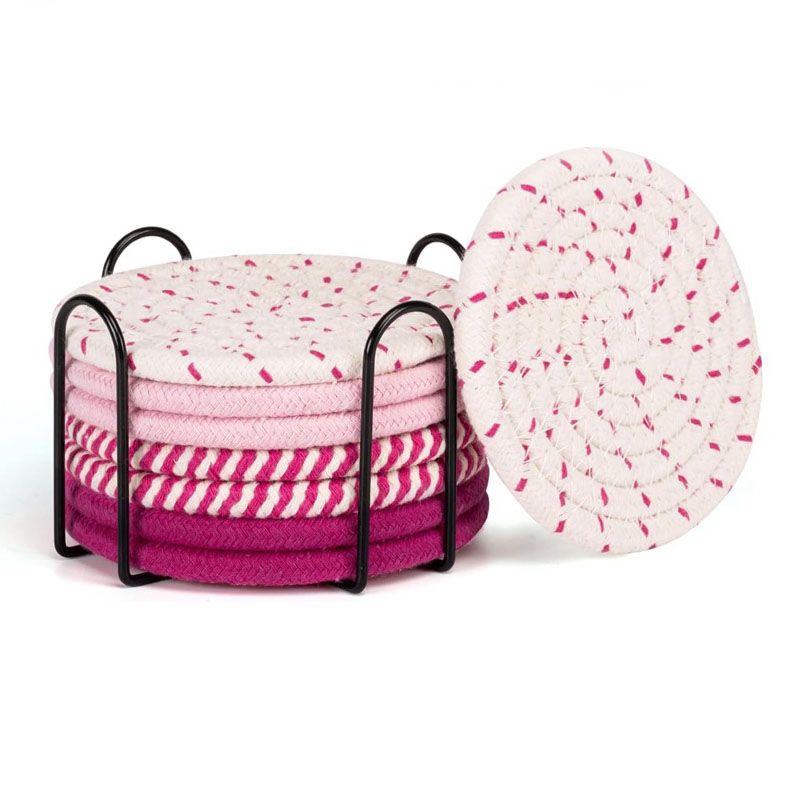 Pink series 8 Piece Handmade Braided Cotton Coasters Set with Holder 4.3 Inch Round Absorbent Drink Coasters Heat Resistant Table Protection Cup Mats for Home Kitchen