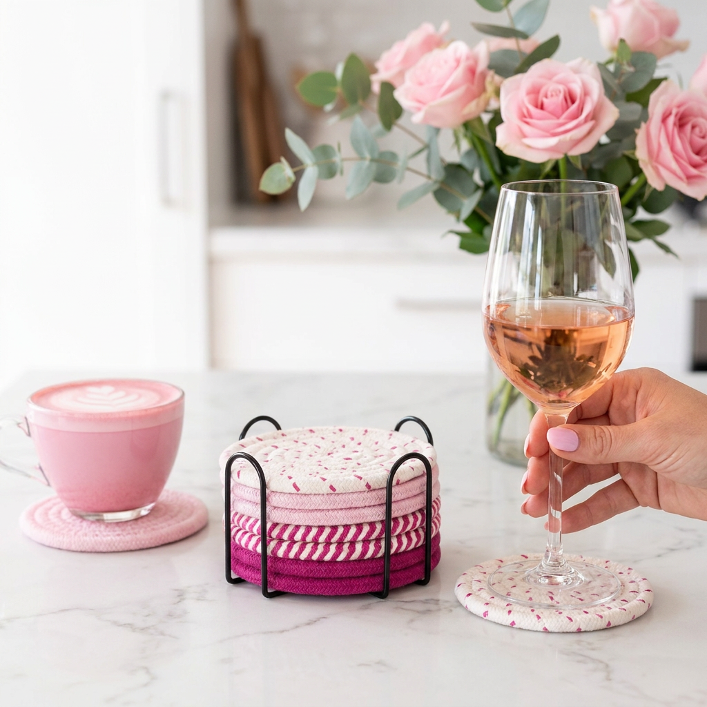 Pink series 8 Piece Handmade Braided Cotton Coasters Set with Holder 4.3 Inch Round Absorbent Drink Coasters Heat Resistant Table Protection Cup Mats for Home Kitchen