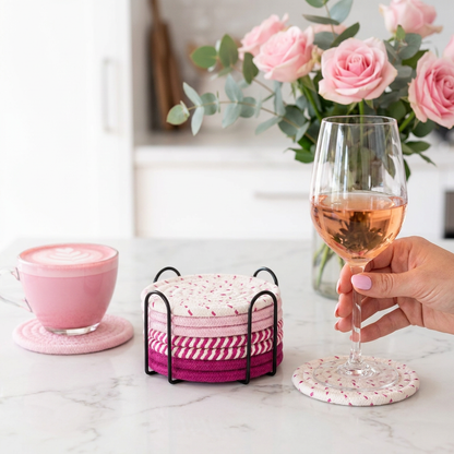 Pink series 8 Piece Handmade Braided Cotton Coasters Set with Holder 4.3 Inch Round Absorbent Drink Coasters Heat Resistant Table Protection Cup Mats for Home Kitchen