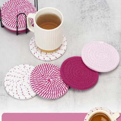Pink series 8 Piece Handmade Braided Cotton Coasters Set with Holder 4.3 Inch Round Absorbent Drink Coasters Heat Resistant Table Protection Cup Mats for Home Kitchen