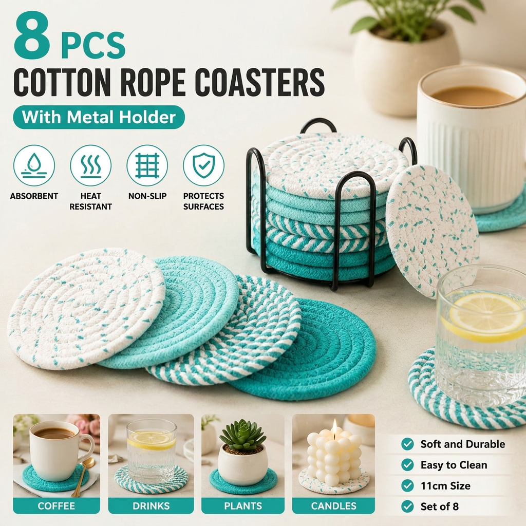 Green series 8 Piece Handmade Braided Cotton Coasters Set with Holder 4.3 Inch Round Absorbent Drink Coasters Heat Resistant Table Protection Cup Mats for Home Kitchen
