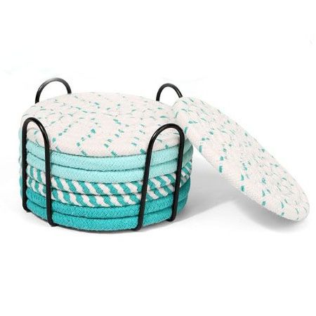 Green series 8 Piece Handmade Braided Cotton Coasters Set with Holder 4.3 Inch Round Absorbent Drink Coasters Heat Resistant Table Protection Cup Mats for Home Kitchen