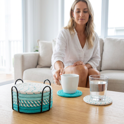 Green series 8 Piece Handmade Braided Cotton Coasters Set with Holder 4.3 Inch Round Absorbent Drink Coasters Heat Resistant Table Protection Cup Mats for Home Kitchen