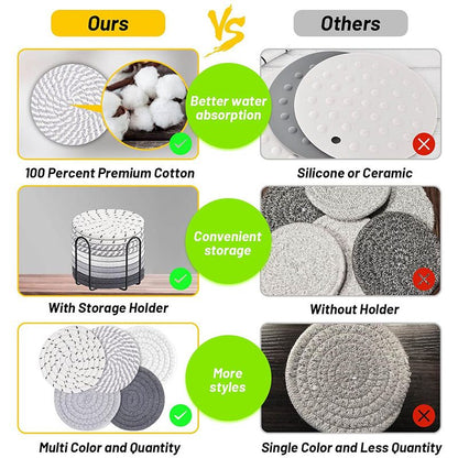Green series 8 Piece Handmade Braided Cotton Coasters Set with Holder 4.3 Inch Round Absorbent Drink Coasters Heat Resistant Table Protection Cup Mats for Home Kitchen