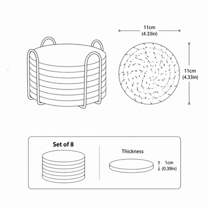 Green series 8 Piece Handmade Braided Cotton Coasters Set with Holder 4.3 Inch Round Absorbent Drink Coasters Heat Resistant Table Protection Cup Mats for Home Kitchen