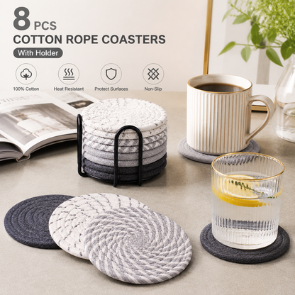 Gray tones 8 Piece Handmade Braided Cotton Coasters Set with Holder 4.3 Inch Round Absorbent Drink Coasters Heat Resistant Table Protection Cup Mats for Home Kitchen