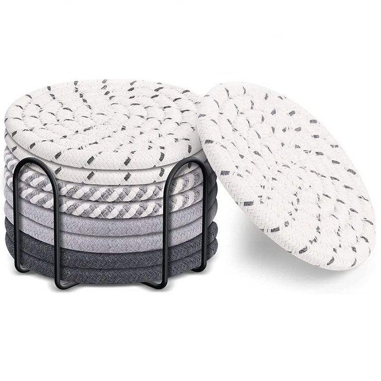Gray tones 8 Piece Handmade Braided Cotton Coasters Set with Holder 4.3 Inch Round Absorbent Drink Coasters Heat Resistant Table Protection Cup Mats for Home Kitchen