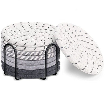 Gray tones 8 Piece Handmade Braided Cotton Coasters Set with Holder 4.3 Inch Round Absorbent Drink Coasters Heat Resistant Table Protection Cup Mats for Home Kitchen