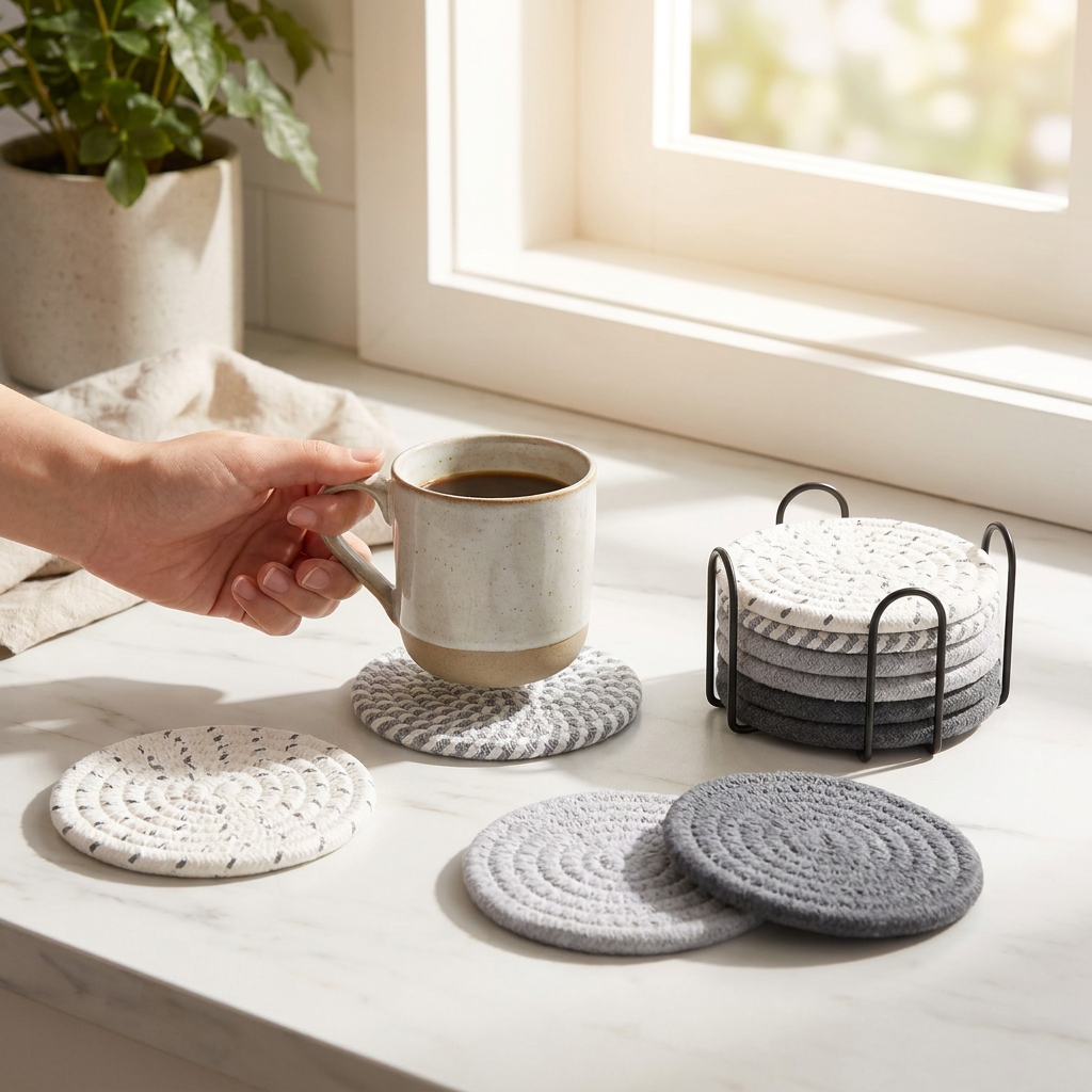 Gray tones 8 Piece Handmade Braided Cotton Coasters Set with Holder 4.3 Inch Round Absorbent Drink Coasters Heat Resistant Table Protection Cup Mats for Home Kitchen