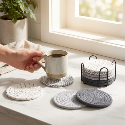 Gray tones 8 Piece Handmade Braided Cotton Coasters Set with Holder 4.3 Inch Round Absorbent Drink Coasters Heat Resistant Table Protection Cup Mats for Home Kitchen