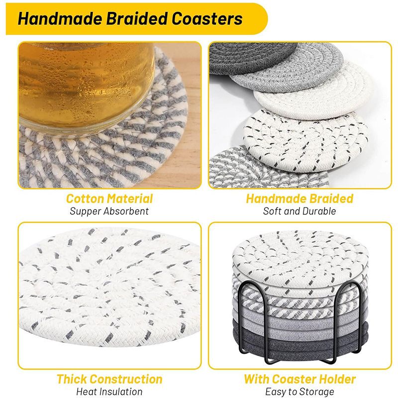 Gray tones 8 Piece Handmade Braided Cotton Coasters Set with Holder 4.3 Inch Round Absorbent Drink Coasters Heat Resistant Table Protection Cup Mats for Home Kitchen