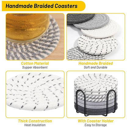 Gray tones 8 Piece Handmade Braided Cotton Coasters Set with Holder 4.3 Inch Round Absorbent Drink Coasters Heat Resistant Table Protection Cup Mats for Home Kitchen
