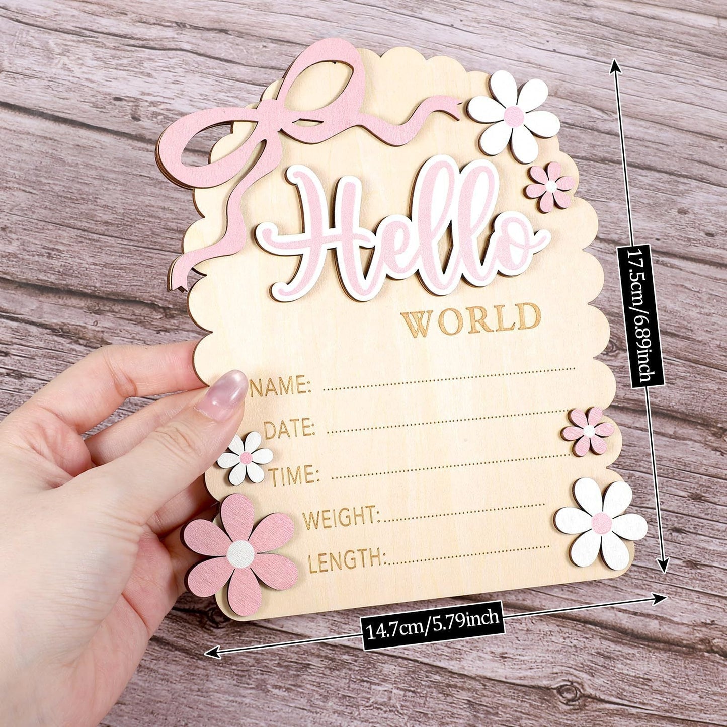 Hello World & She's Here Newborn Wooden Sign Set - 2-Piece Blank Baby Milestone Plaque with Pink Bow for Birth Stats & Nursery Decor