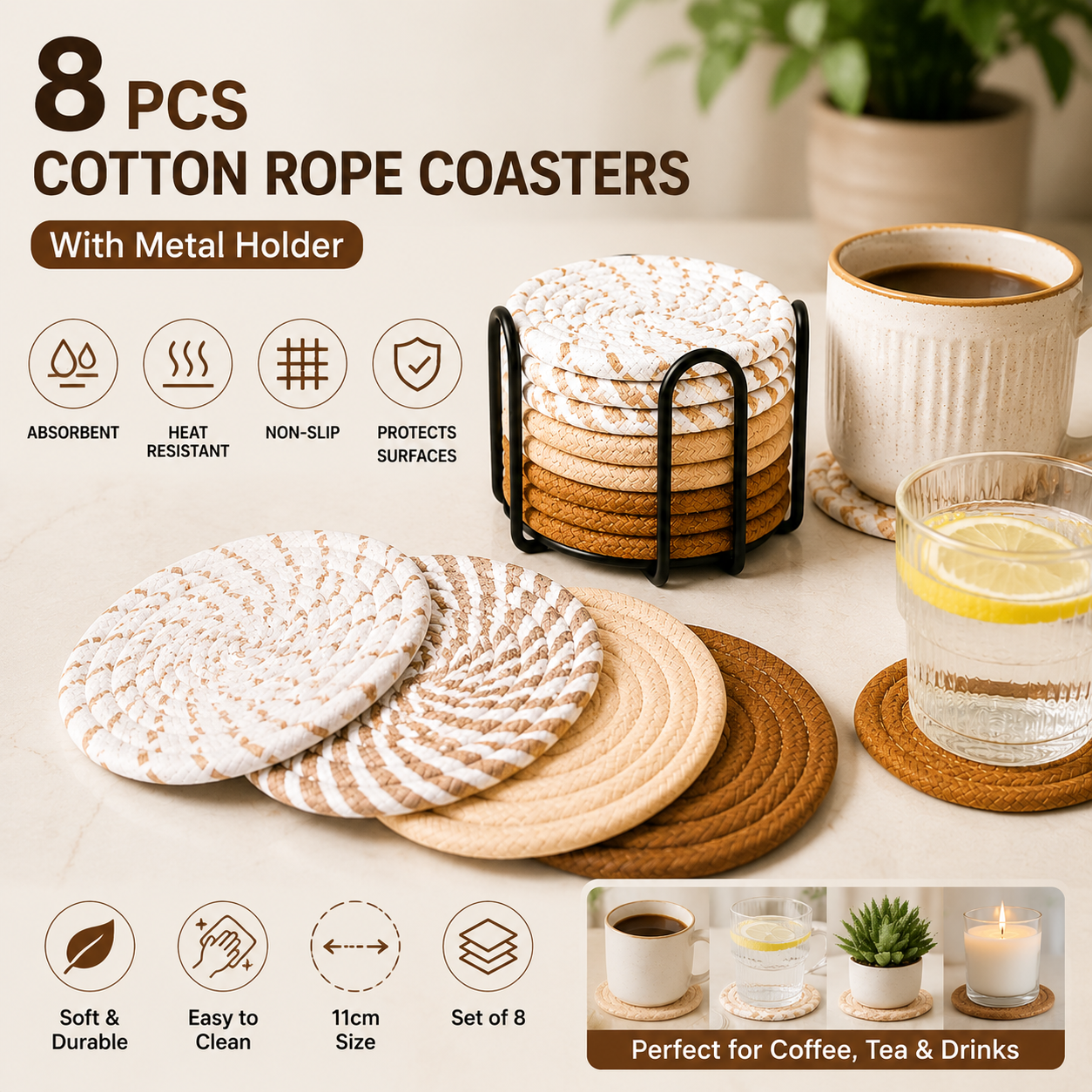Brown series 8 Piece Handmade Braided Cotton Coasters Set with Holder 4.3 Inch Round Absorbent Drink Coasters Heat Resistant Table Protection Cup Mats for Home Kitchen