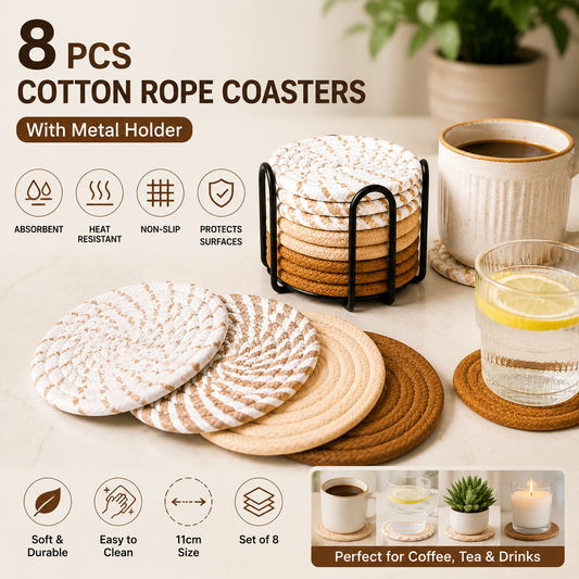 Brown series 8 Piece Handmade Braided Cotton Coasters Set with Holder 4.3 Inch Round Absorbent Drink Coasters Heat Resistant Table Protection Cup Mats for Home Kitchen
