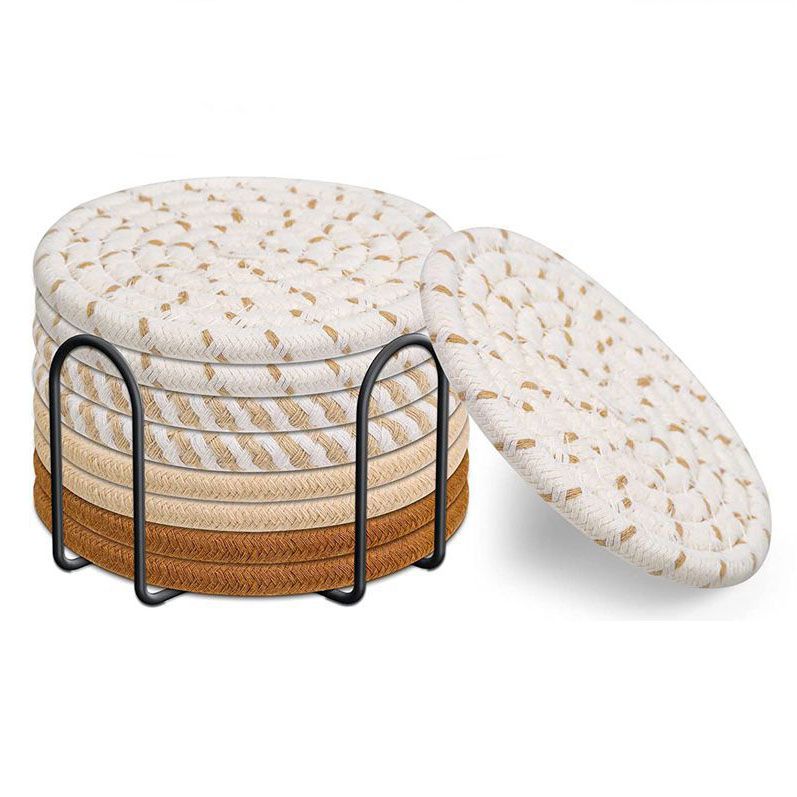 Brown series 8 Piece Handmade Braided Cotton Coasters Set with Holder 4.3 Inch Round Absorbent Drink Coasters Heat Resistant Table Protection Cup Mats for Home Kitchen