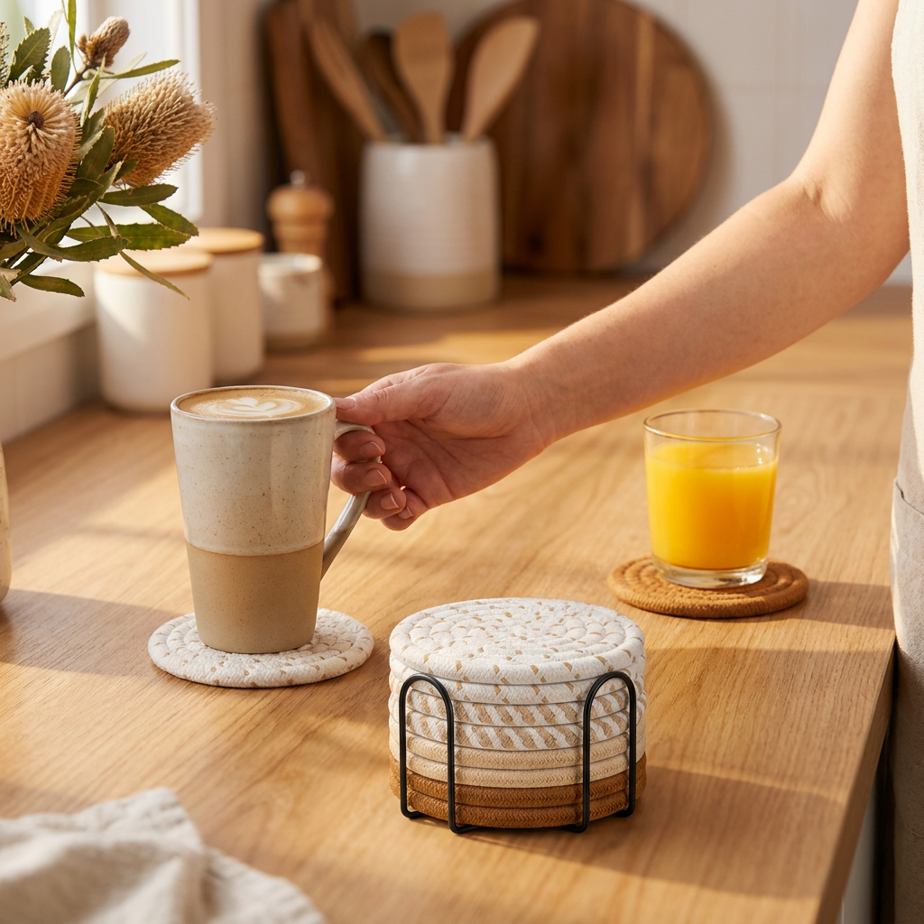 Brown series 8 Piece Handmade Braided Cotton Coasters Set with Holder 4.3 Inch Round Absorbent Drink Coasters Heat Resistant Table Protection Cup Mats for Home Kitchen
