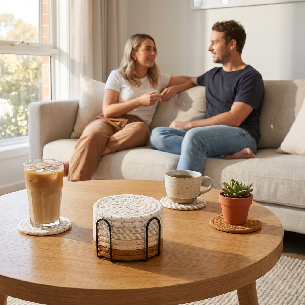 Brown series 8 Piece Handmade Braided Cotton Coasters Set with Holder 4.3 Inch Round Absorbent Drink Coasters Heat Resistant Table Protection Cup Mats for Home Kitchen