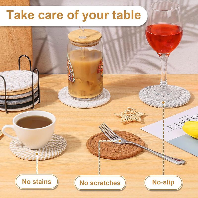 Brown series 8 Piece Handmade Braided Cotton Coasters Set with Holder 4.3 Inch Round Absorbent Drink Coasters Heat Resistant Table Protection Cup Mats for Home Kitchen