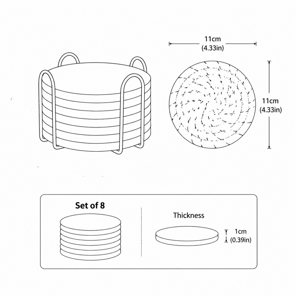 Brown series 8 Piece Handmade Braided Cotton Coasters Set with Holder 4.3 Inch Round Absorbent Drink Coasters Heat Resistant Table Protection Cup Mats for Home Kitchen