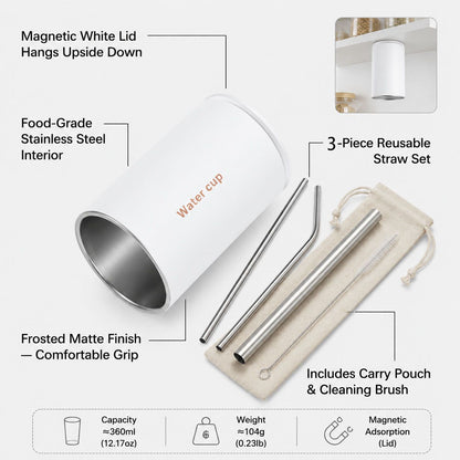 White 304 Stainless Steel Magnetic Hanging Water Bottle Set, 12.17 oz Reusable Drinking Bottle, Comes with 4 Stainless Steel Straws, Cleaning Brush, Storage Bag and Magnetic Plate