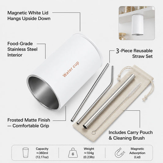 White 304 Stainless Steel Magnetic Hanging Water Bottle Set, 12.17 oz Reusable Drinking Bottle, Comes with 4 Stainless Steel Straws, Cleaning Brush, Storage Bag and Magnetic Plate