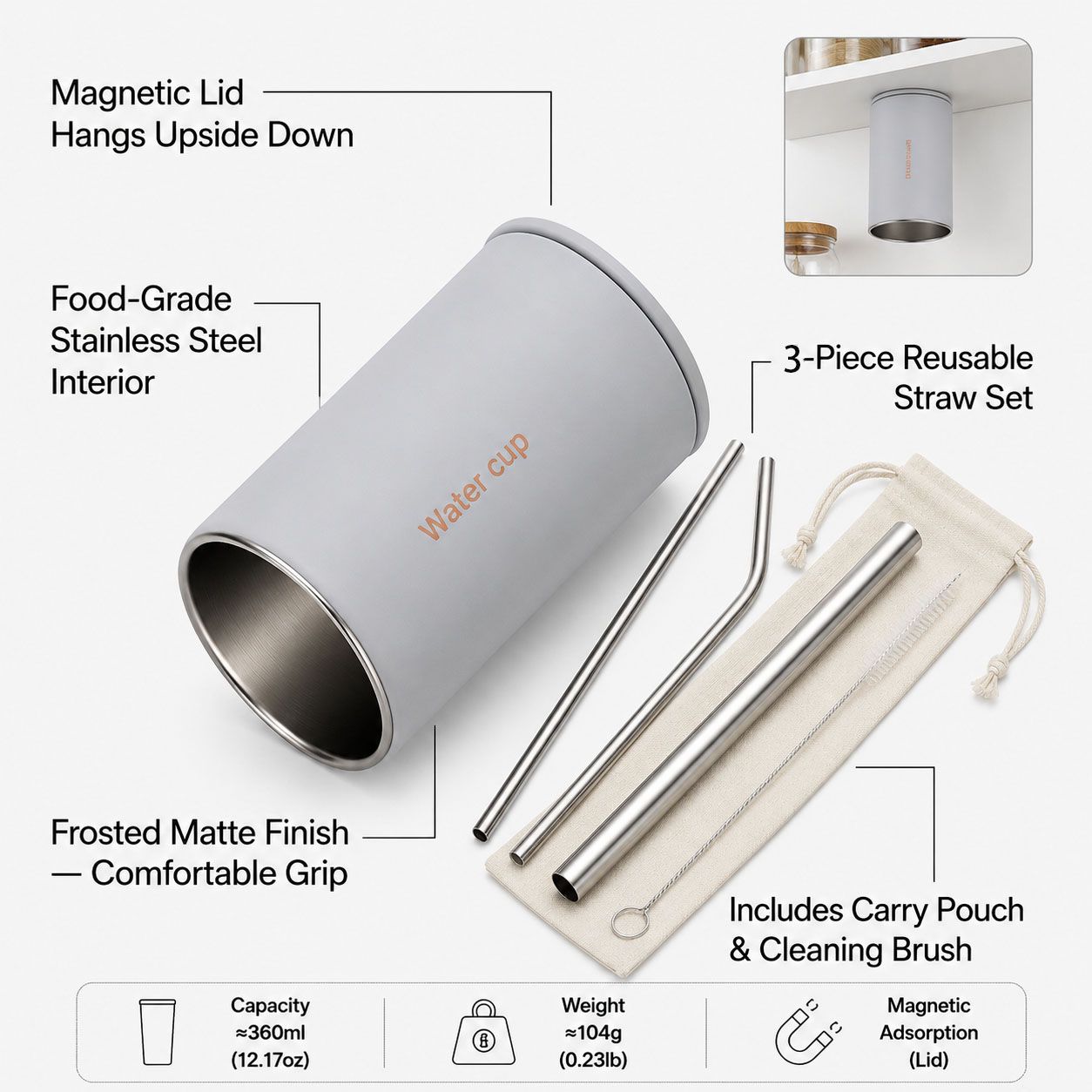 Gray 304 Stainless Steel Magnetic Hanging Water Bottle Set, 12.17 oz Reusable Drinking Bottle, Comes with 4 Stainless Steel Straws, Cleaning Brush, Storage Bag and Magnetic Plate