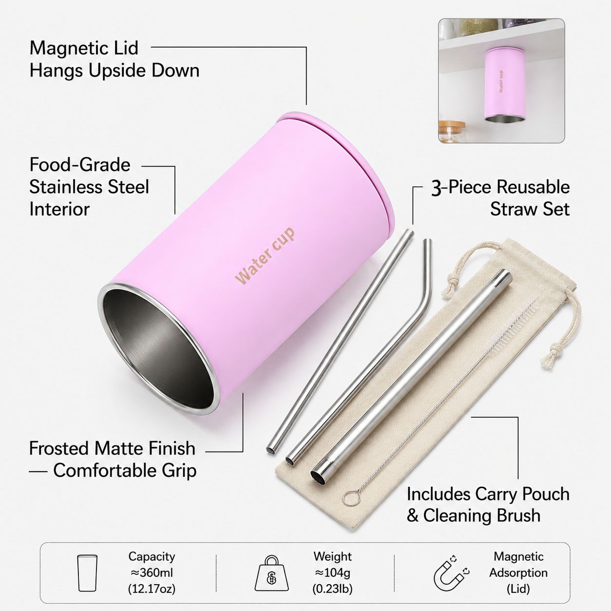 Pink 304 Stainless Steel Magnetic Hanging Water Bottle Set, 12.17 oz Reusable Drinking Bottle, Comes with 4 Stainless Steel Straws, Cleaning Brush, Storage Bag and Magnetic Plate