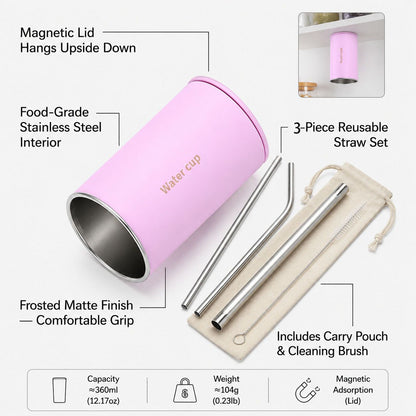 Pink 304 Stainless Steel Magnetic Hanging Water Bottle Set, 12.17 oz Reusable Drinking Bottle, Comes with 4 Stainless Steel Straws, Cleaning Brush, Storage Bag and Magnetic Plate