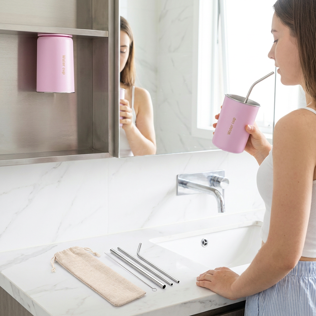Pink 304 Stainless Steel Magnetic Hanging Water Bottle Set, 12.17 oz Reusable Drinking Bottle, Comes with 4 Stainless Steel Straws, Cleaning Brush, Storage Bag and Magnetic Plate