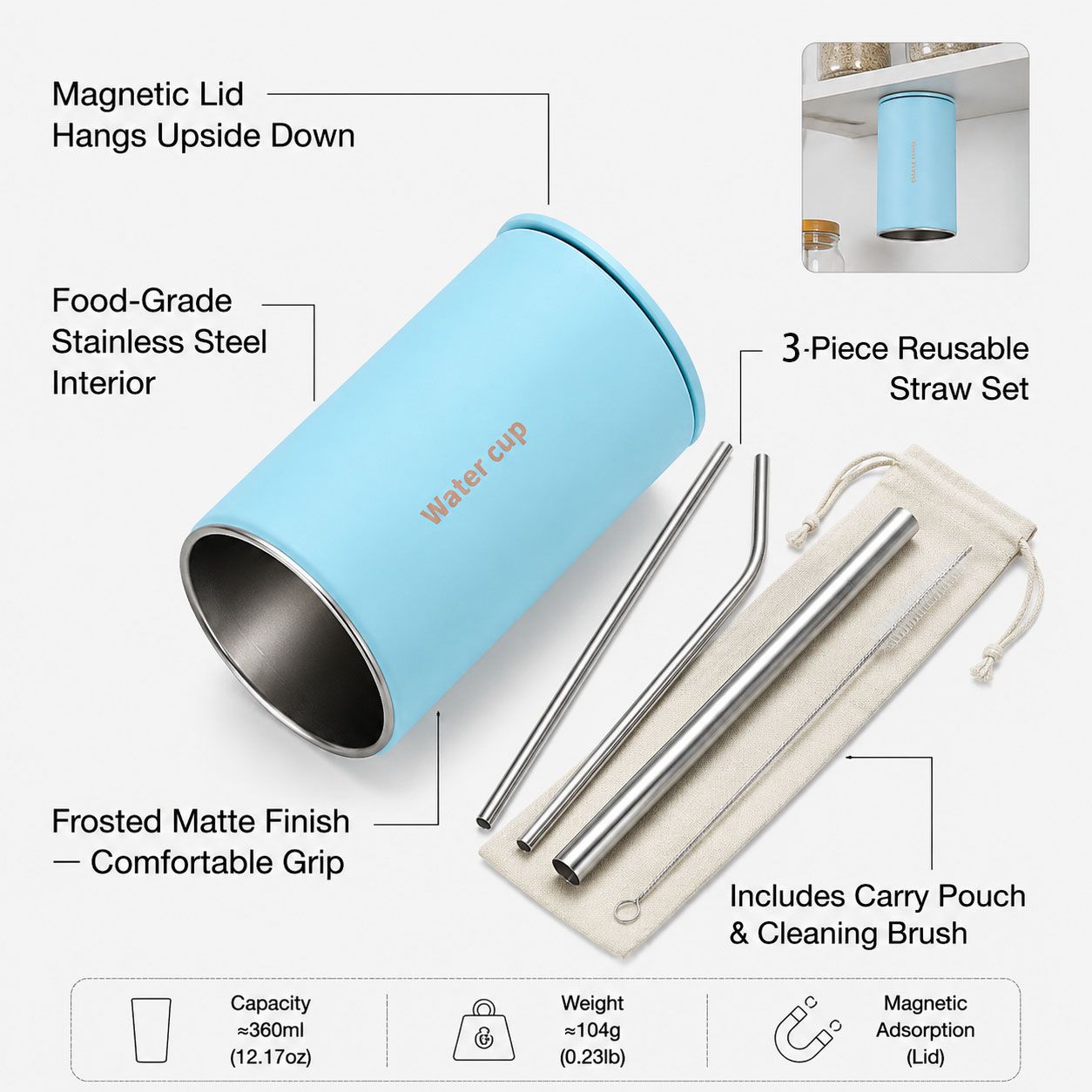 Blue 304 Stainless Steel Magnetic Hanging Water Bottle Set, 12.17 oz Reusable Drinking Bottle, Comes with 4 Stainless Steel Straws, Cleaning Brush, Storage Bag and Magnetic Plate