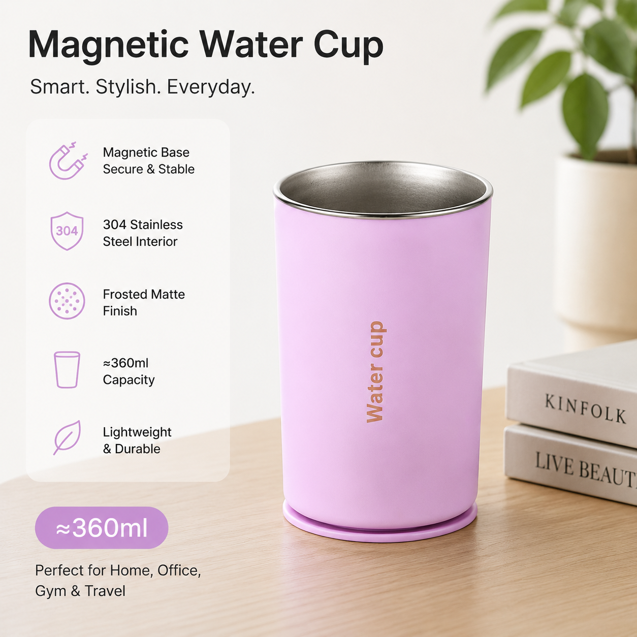 Pink 304 Stainless Steel Magnetic Hanging Water Bottle, 12.17 oz Double-Wall Insulated Coffee/Milk Cup with Magnetic Coaster